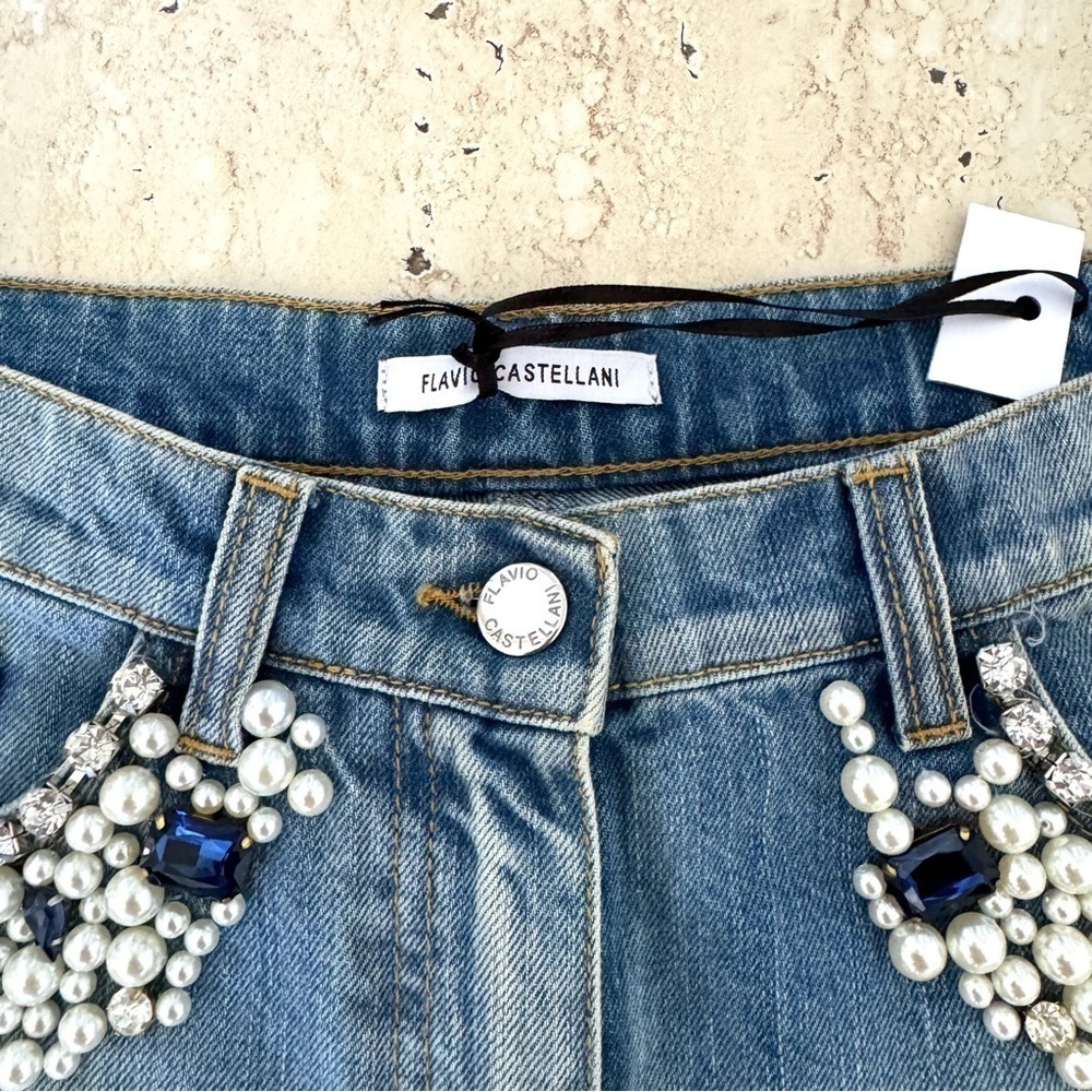 New! Flavio Castellani Jeans Shorts, Size 40, Blue with Crystals/Pearls - Picture 4 of 11